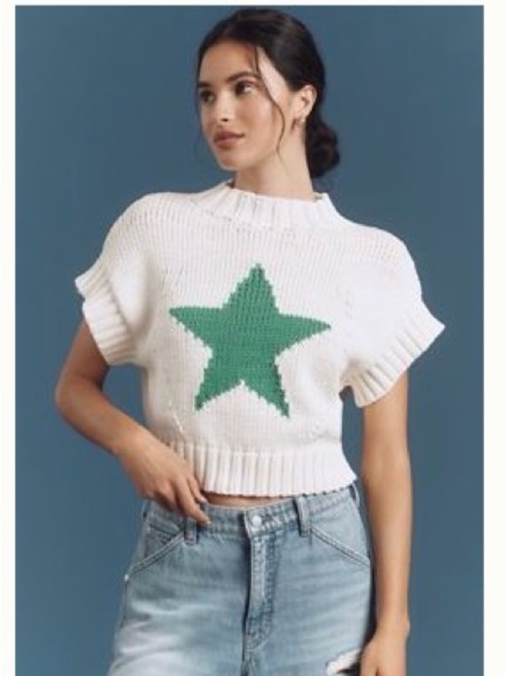 Anthropologie White Cropped Sweater with Green Star
